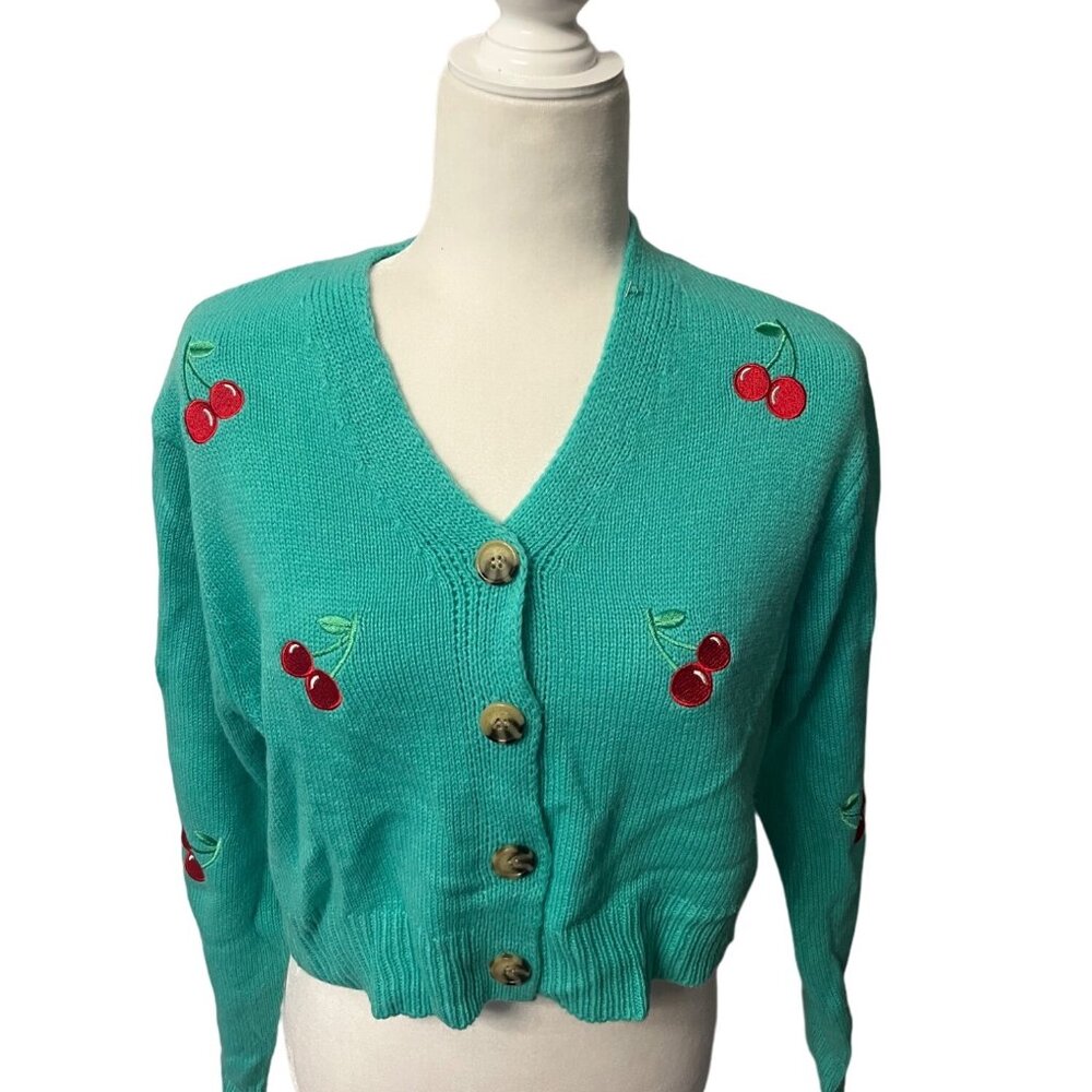 Sweet & Sinful Green Cardigan Cropped Sweater Cherries Size Medium